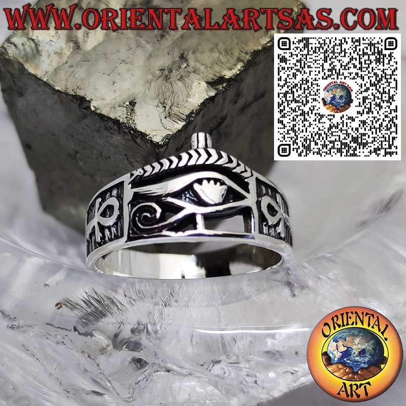 925 Sterling Silver Ring with Eye of Horus and Ankh on Both Sides – Egyptian Symbol of Protection and Life