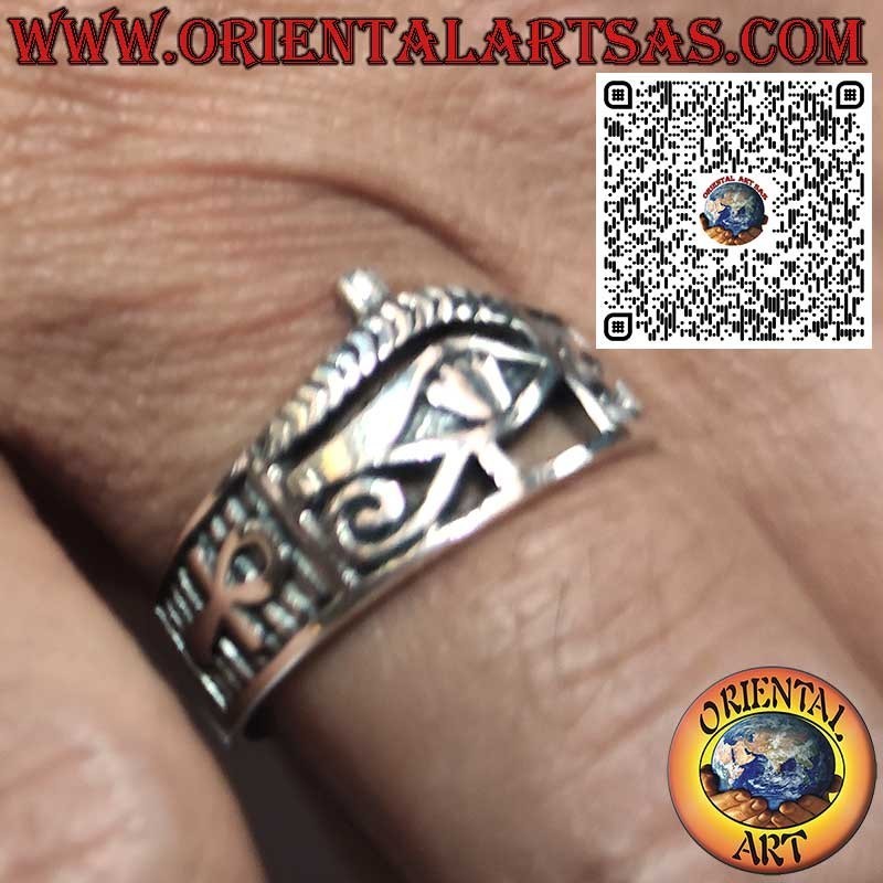 Bague en Argent 925 avec Œil d’Horus et Ankh sur les Côtés – Symbole Égyptien de Protection et de Vie