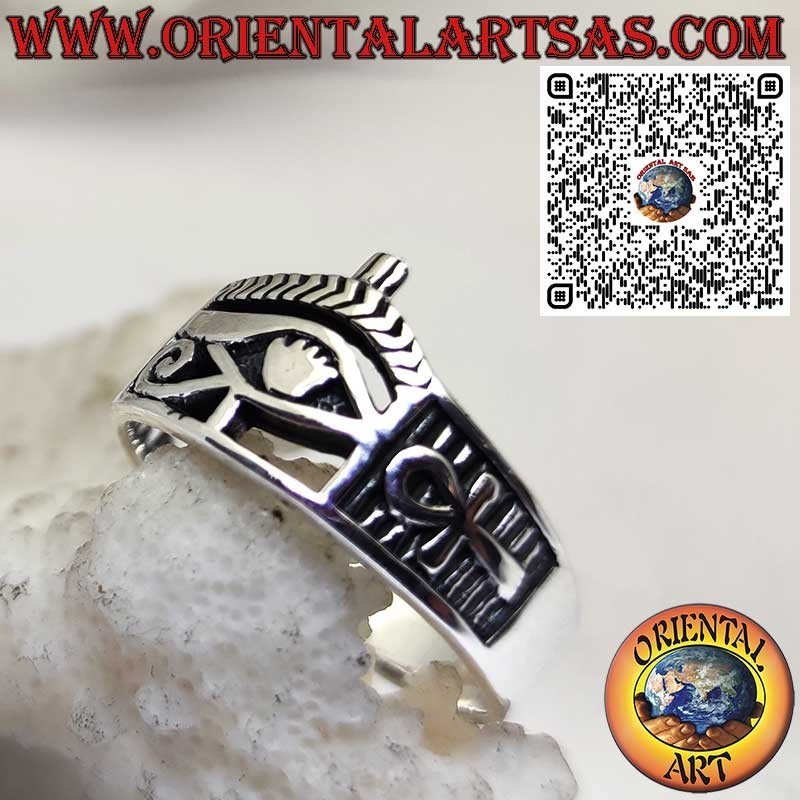 925er Silberring mit Horusauge und Ankh an beiden Seiten – Ägyptisches Symbol für Schutz und Leben