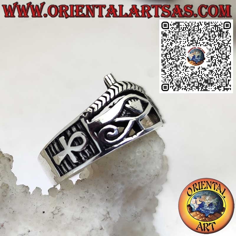 Anello in Argento 925 Occhio di Horus con Ankh sui Lati – Simbolo Egizio di Protezione e Vita