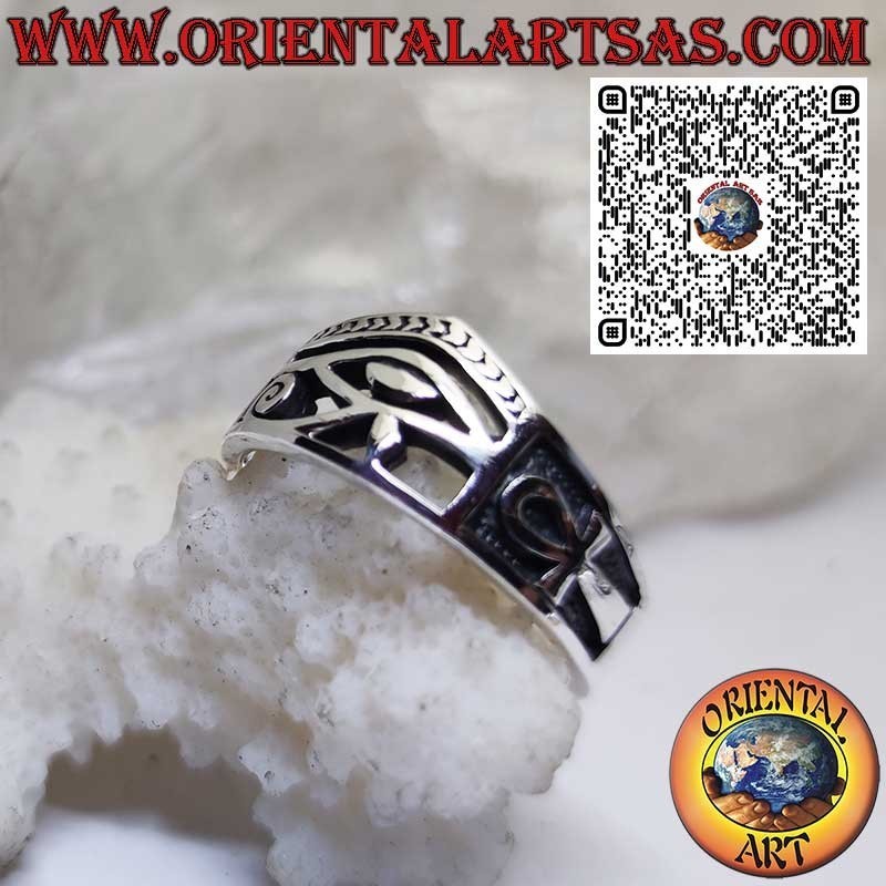 Egyptian 925 Sterling Silver Ring with Eye of Horus and Ankh Cross – Amulet of Protection and Life