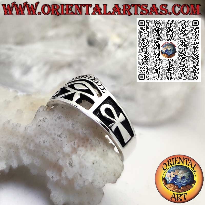 Egyptian 925 Sterling Silver Ring with Eye of Horus and Ankh Cross – Amulet of Protection and Life