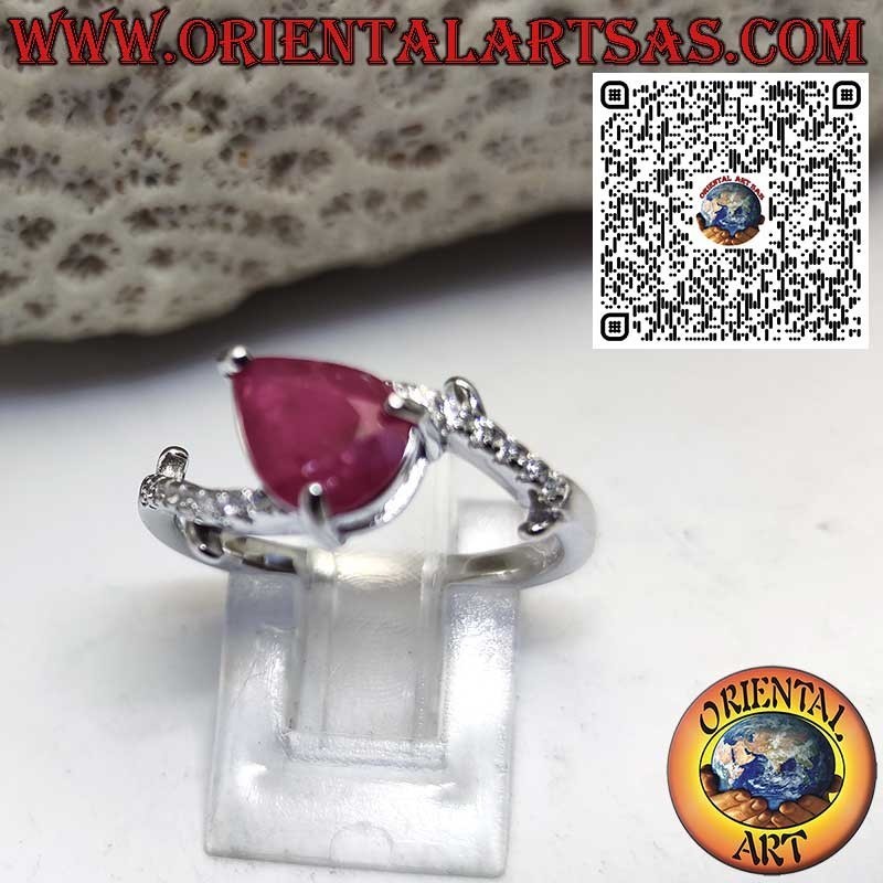 Anello in Argento 925 con Rubino Naturale a Goccia e Zirconi Asimmetrico