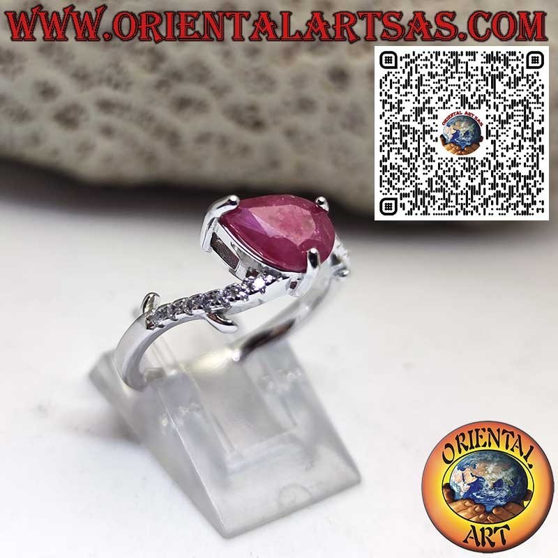 Bague en Argent 925 avec Rubis Naturel Poire et Zircons Asymétriques