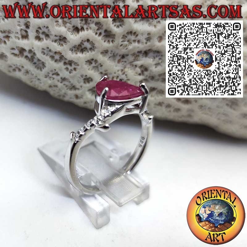 Bague en Argent 925 avec Rubis Naturel Poire et Zircons Asymétriques