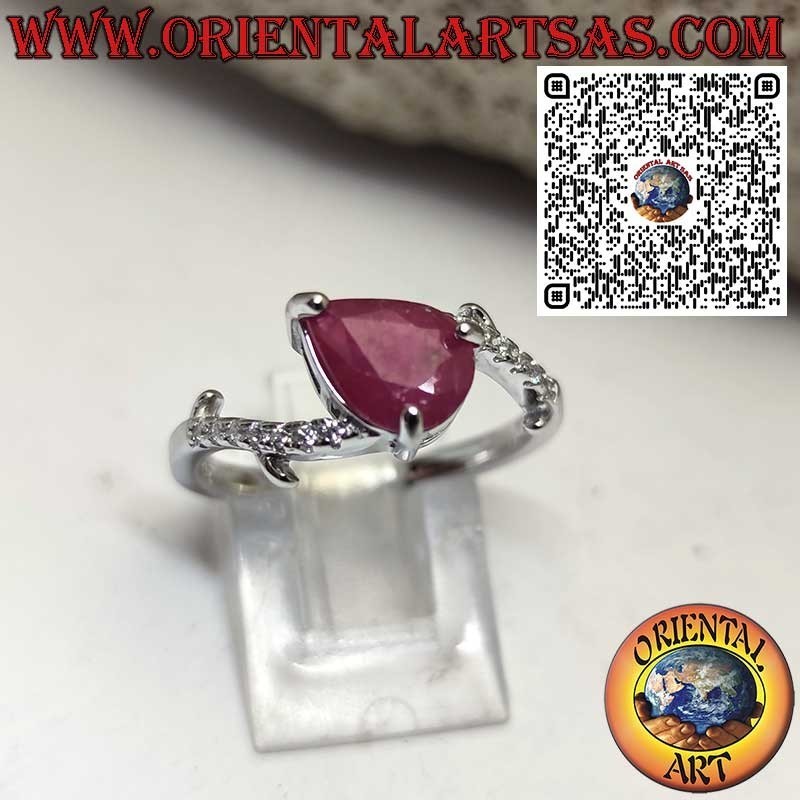 Anello in Argento 925 con Rubino Naturale a Goccia e Zirconi Asimmetrico