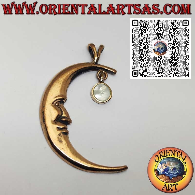 Colgante Luna en Bronce con Rostro y Nácar Natural