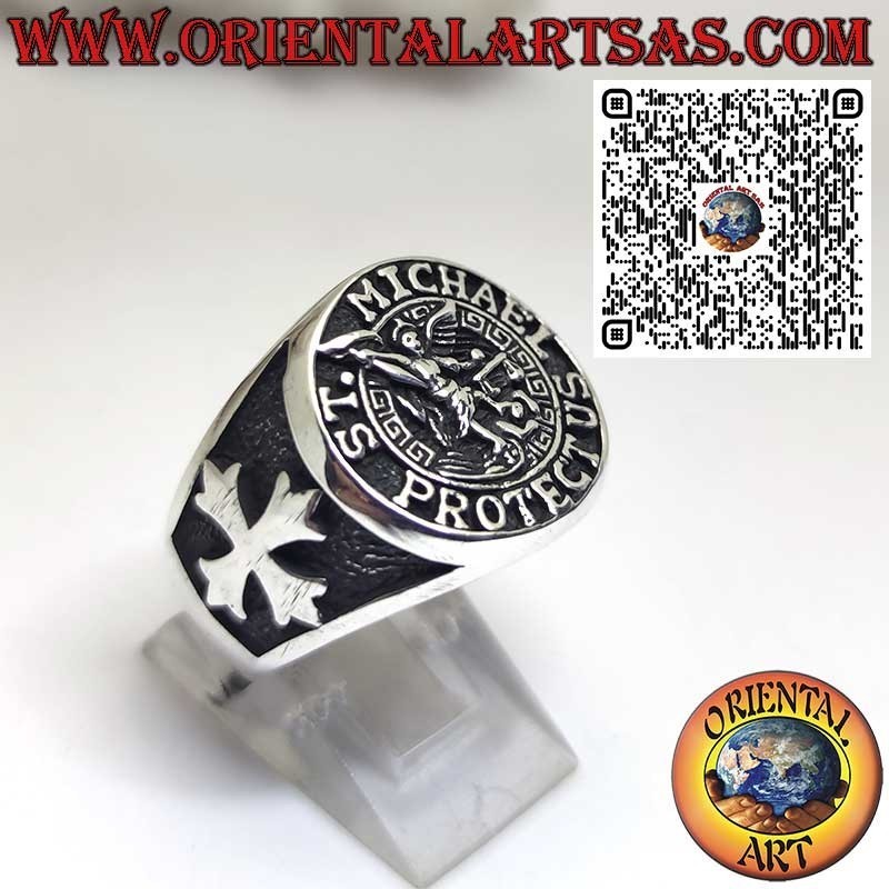 925 Silver Signet Ring with Saint Michael the Archangel and side crosses