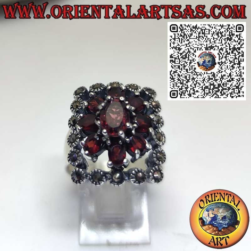 925er Silberring mit Zentralem Granat, Granaten und Markasiten – Vintage Stil