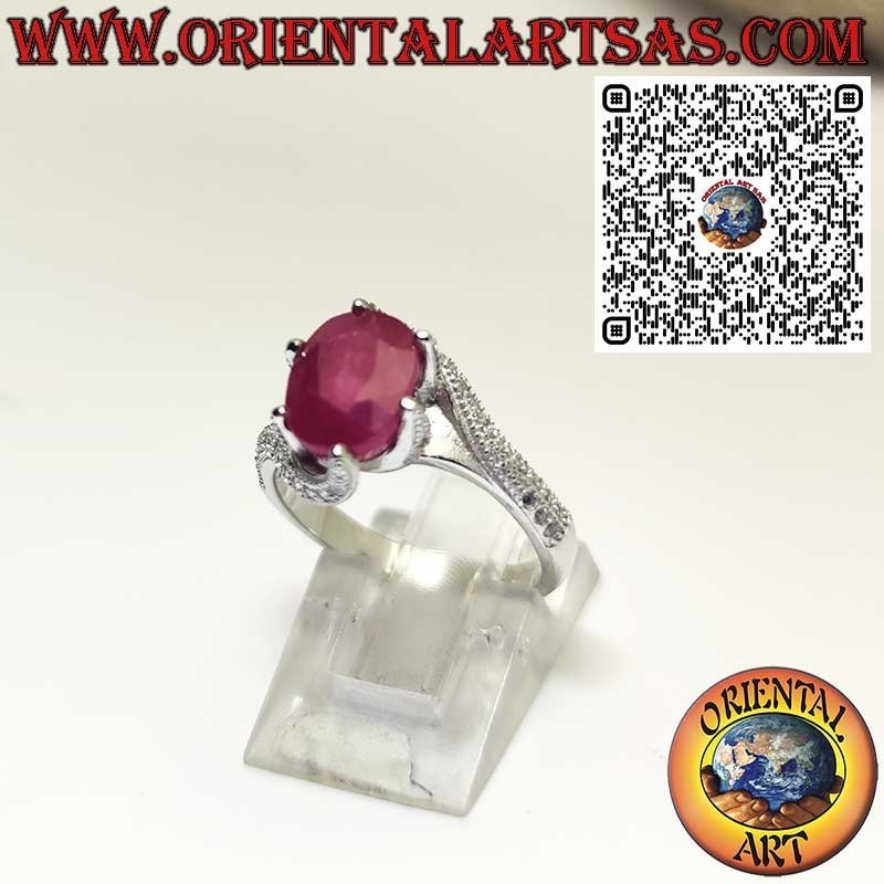 Sterling Silver Ring with Natural Oval Ruby and Asymmetrical Six-Prong Setting with Zircon Accents
