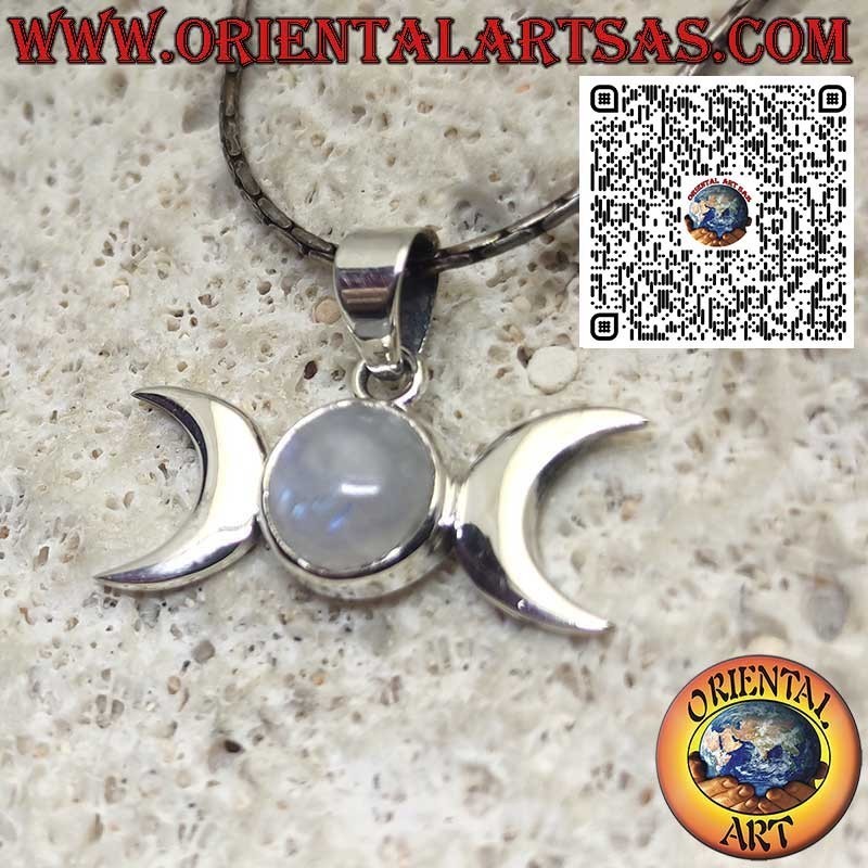 Ciondolo in Argento 925 Triplice Dea Wicca con Pietra di Luna Arcobaleno Naturale