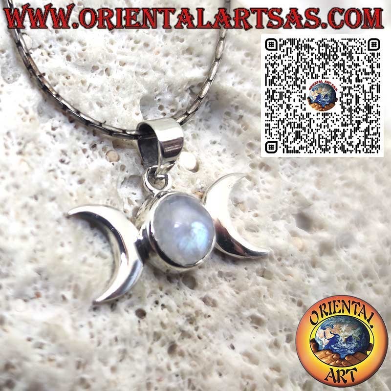 Sterling Silver Triple Goddess Wiccan Pendant with Natural Rainbow Moonstone