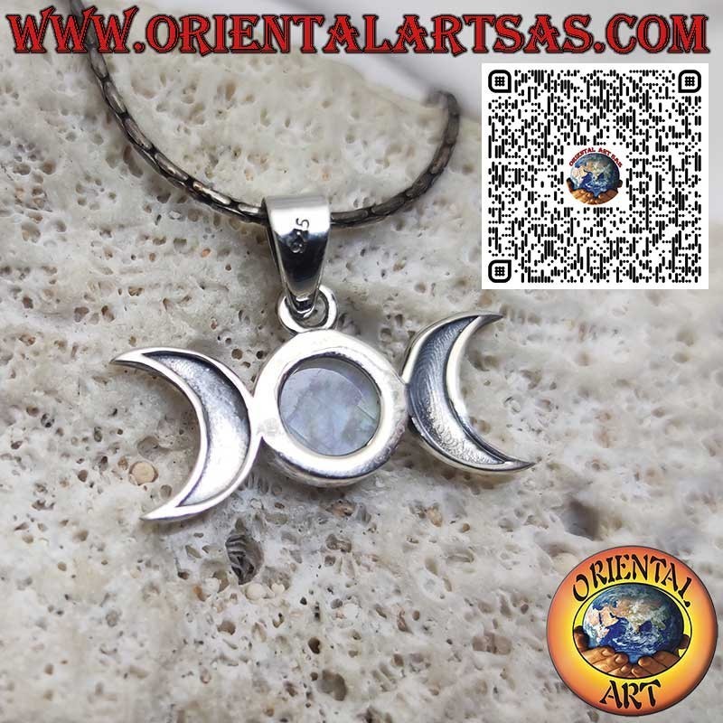 Ciondolo in Argento 925 Triplice Dea Wicca con Pietra di Luna Arcobaleno Naturale
