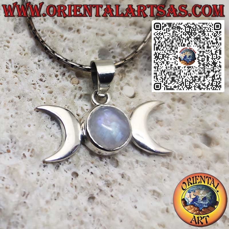 Ciondolo in Argento 925 Triplice Dea Wicca con Pietra di Luna Arcobaleno Naturale