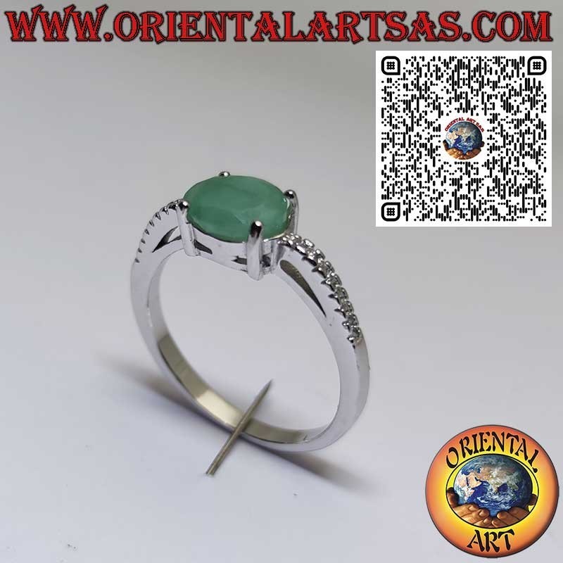 Sterling Silver Ring with Natural Oval Emerald and Side Zirconia