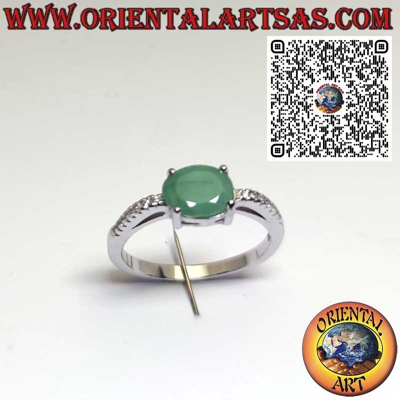 Sterling Silver Ring with Natural Oval Emerald and Side Zirconia