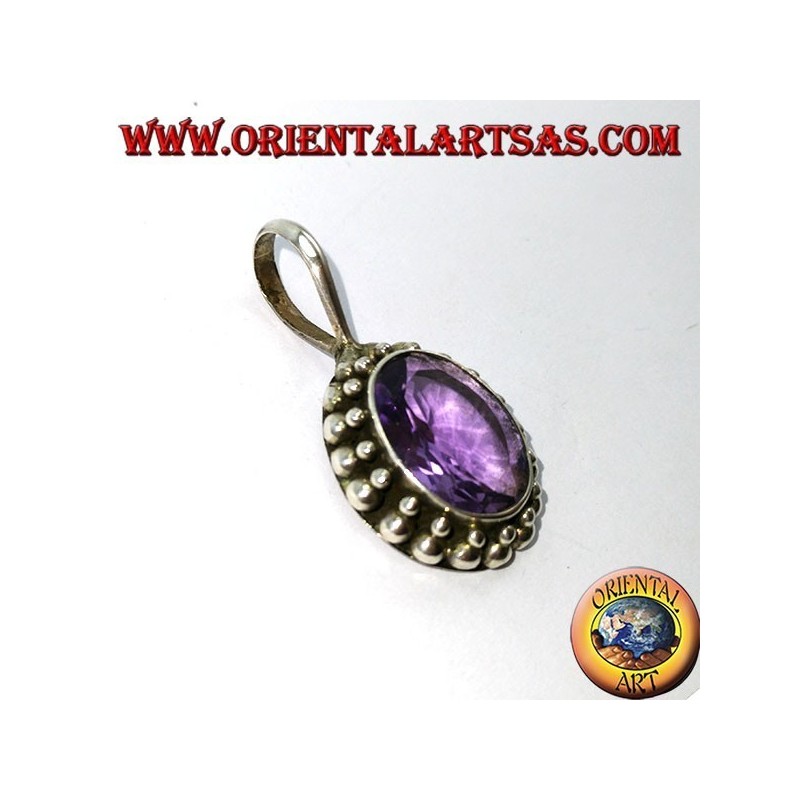 Silber Anhänger, oval natur Amethyst mit Kugelkante