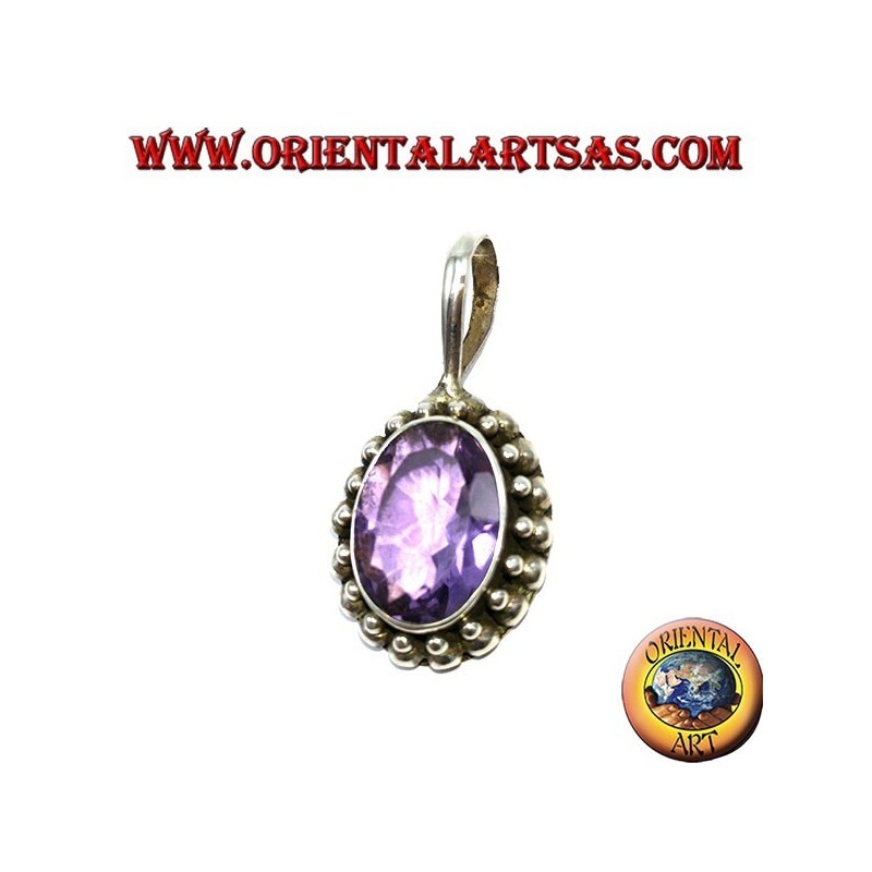 Pendentif en argent, améthyste naturelle ovale avec bordure de boule