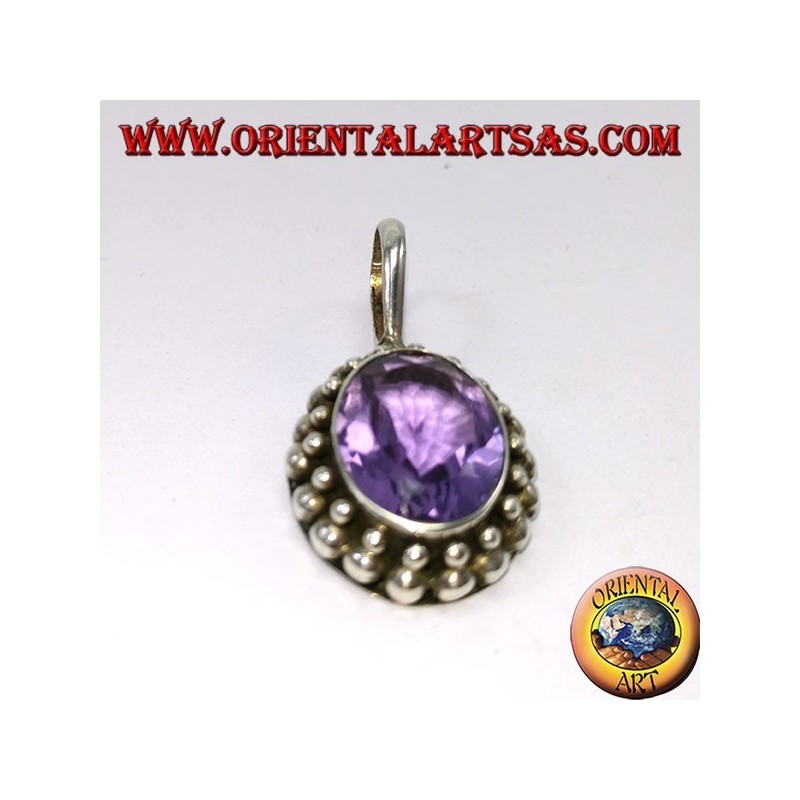 Pendentif en argent, améthyste naturelle ovale avec bordure de boule