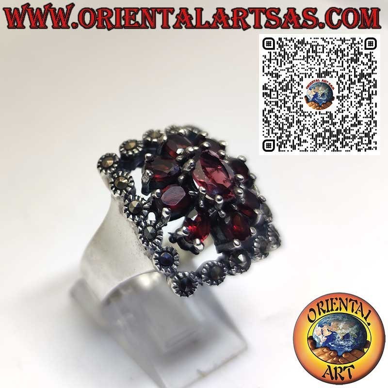 Bague Argent 925 avec Grenat Central, Grenats et Marcassites – Style Vintage