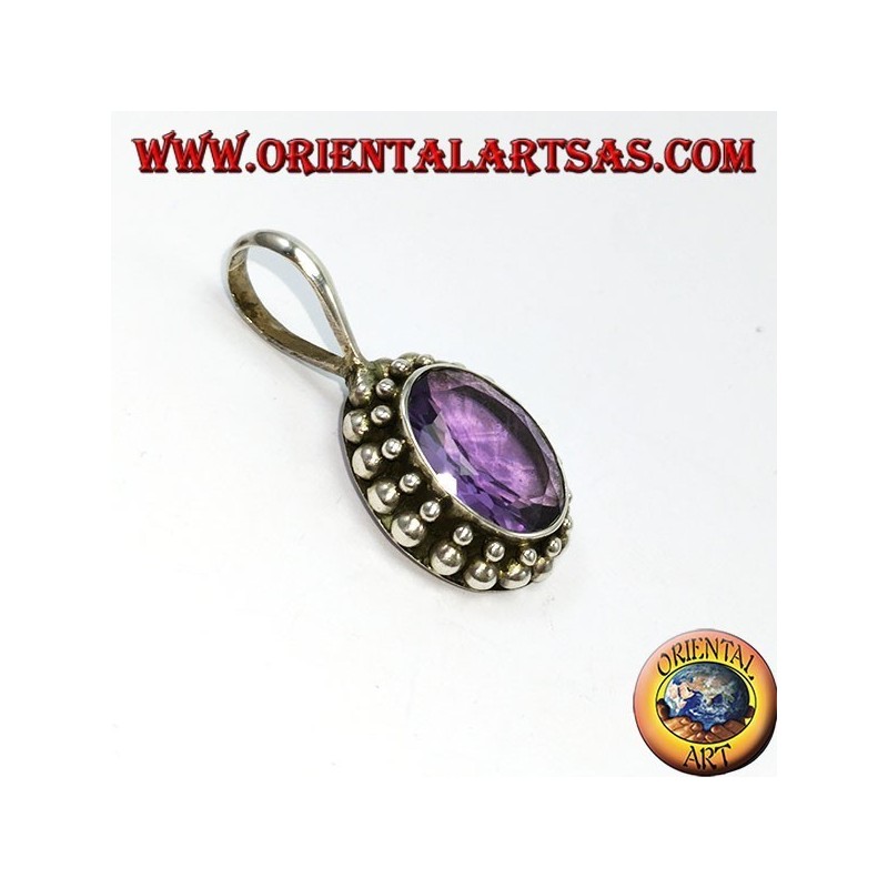 Silber Anhänger, oval natur Amethyst mit Kugelkante