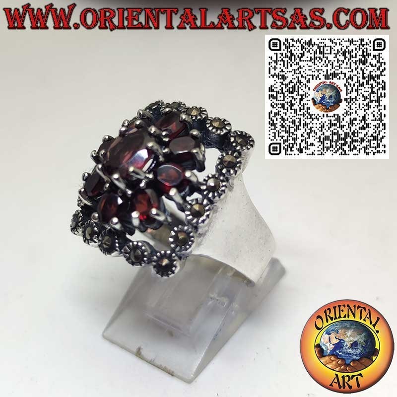 Anillo Plata 925 con Granate Central, Granates y Marcassitas – Estilo Vintage