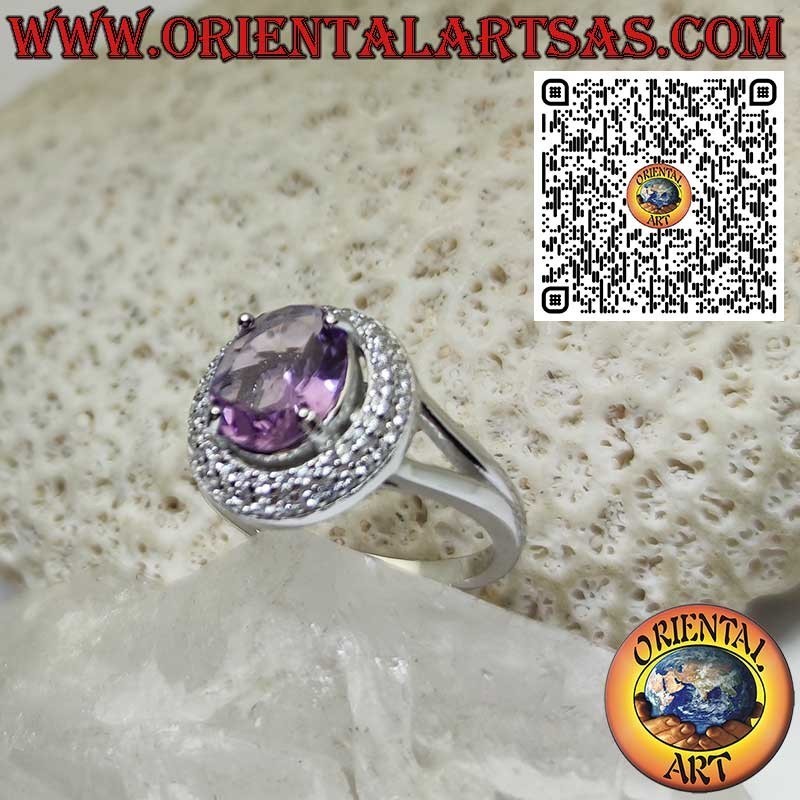 925 Sterling Silver Ring with Natural Oval Amethyst and Double Row of Round Zirconia