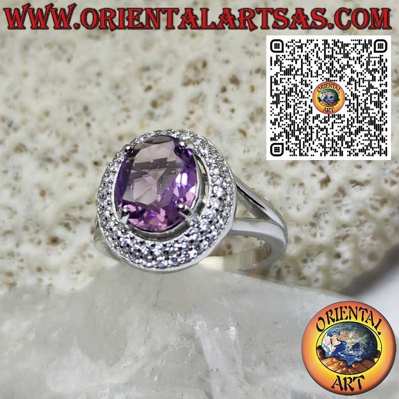 Anello in Argento 925‰ con ametista ovale naturale e doppia fila di zirconi