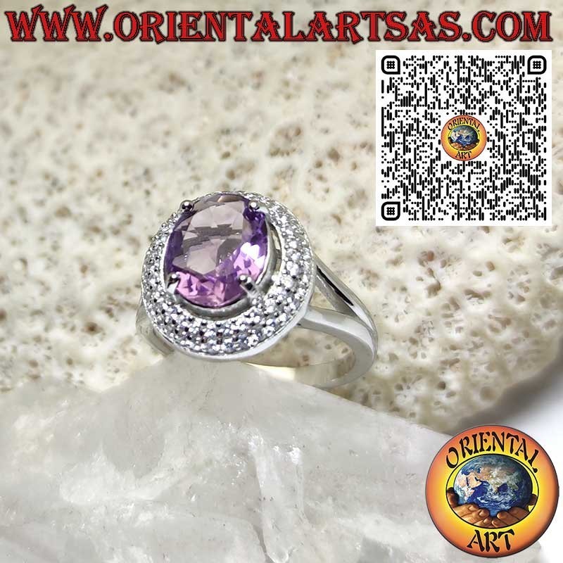 Anillo de plata 925‰ con amatista ovalada natural y doble fila de circonitas redondas