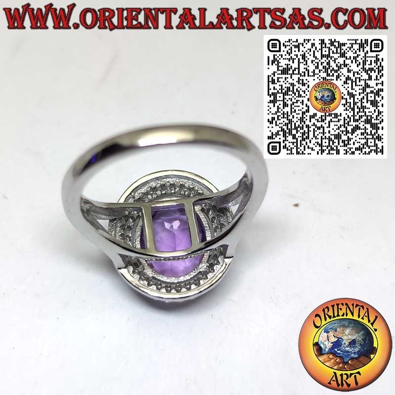 925 Sterling Silver Ring with Natural Oval Amethyst and Double Row of Round Zirconia