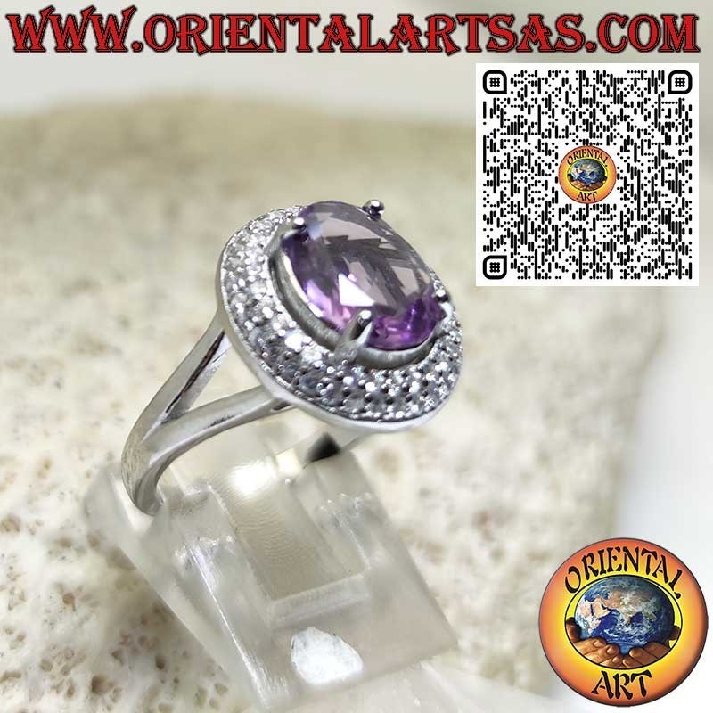Anello in Argento 925‰ con ametista ovale naturale e doppia fila di zirconi