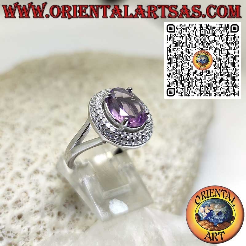 Anello in Argento 925‰ con ametista ovale naturale e doppia fila di zirconi