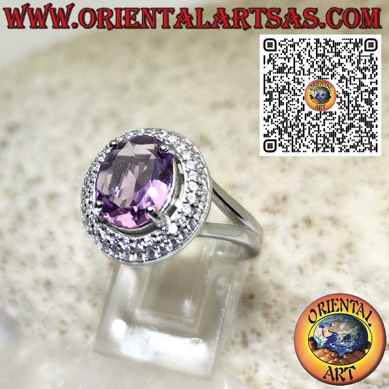 Anello in Argento 925‰ con ametista ovale naturale e doppia fila di zirconi