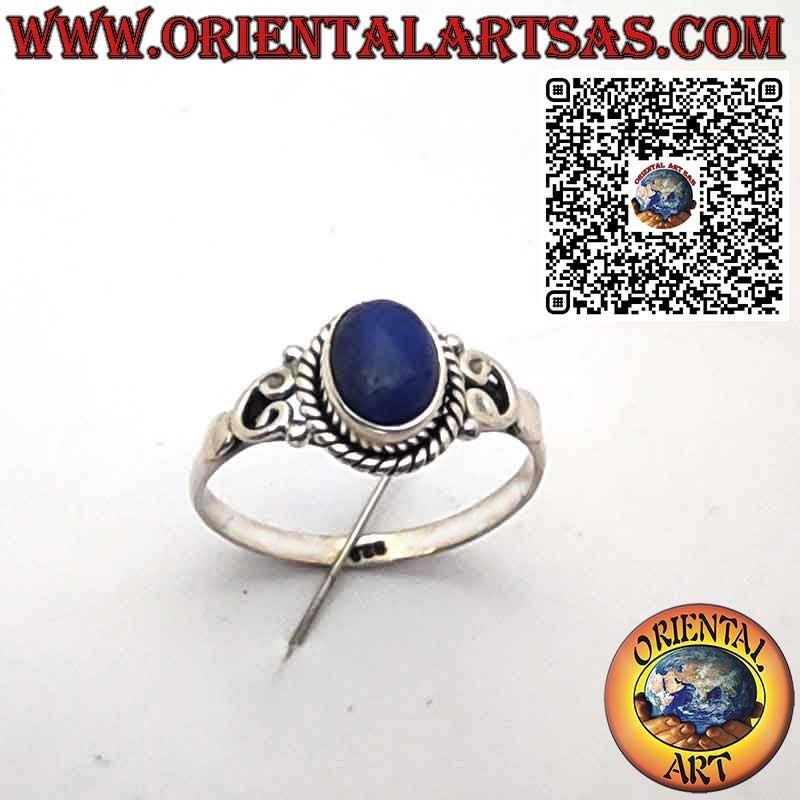 Anello in Argento 925 con Lapislazzuli Naturale Ovale, Treccia Decorativa e Ornamenti sui Lati
