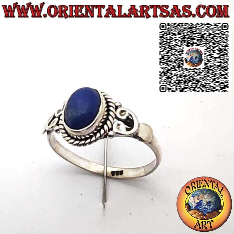 Bague en Argent 925 avec Lapis-Lazuli Naturel Ovale, Cadre Tressé et Décorations Latérales