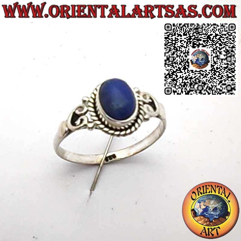 Sterling Silver 925 Ring with Natural Oval Lapis Lazuli, Braided Frame and Side Decorations