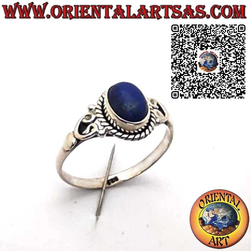 Anillo de Plata 925 con Lapislázuli Natural Ovalado, Trenza Decorativa y Detalles Laterales