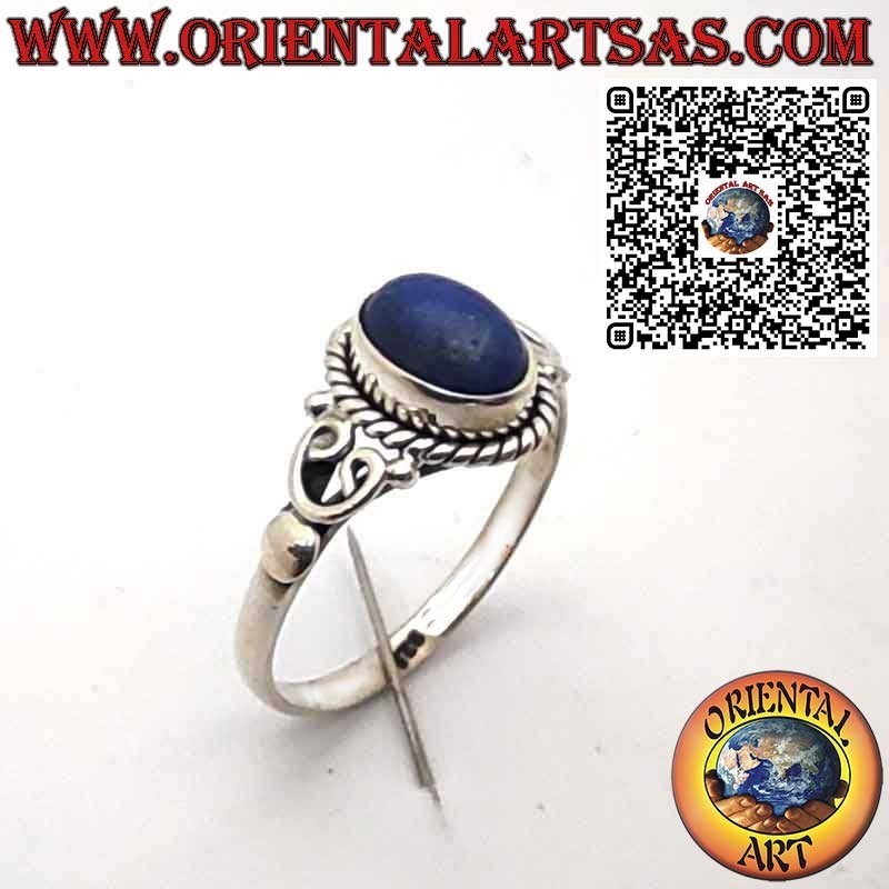 Sterling Silver 925 Ring with Natural Oval Lapis Lazuli, Braided Frame and Side Decorations