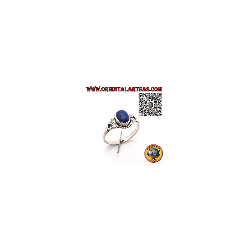 Sterling Silver 925 Ring with Natural Oval Lapis Lazuli, Braided Frame and Side Decorations