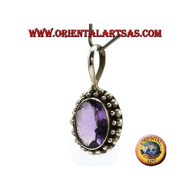 Silber Anhänger, oval natur Amethyst mit Kugelkante