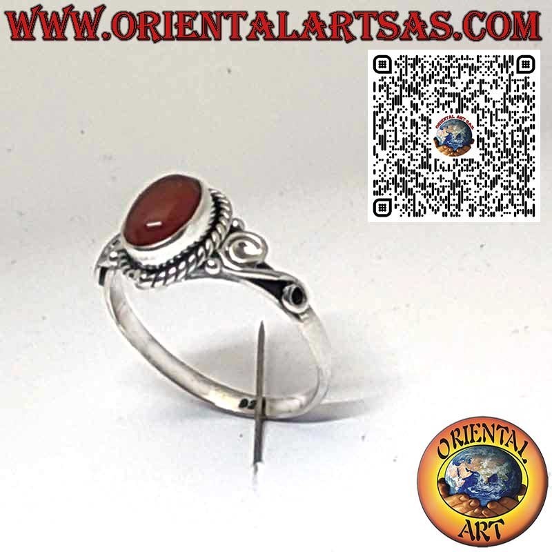 Sterling Silver 925 Ring with Natural Oval Carnelian and Spiral Side Decorations