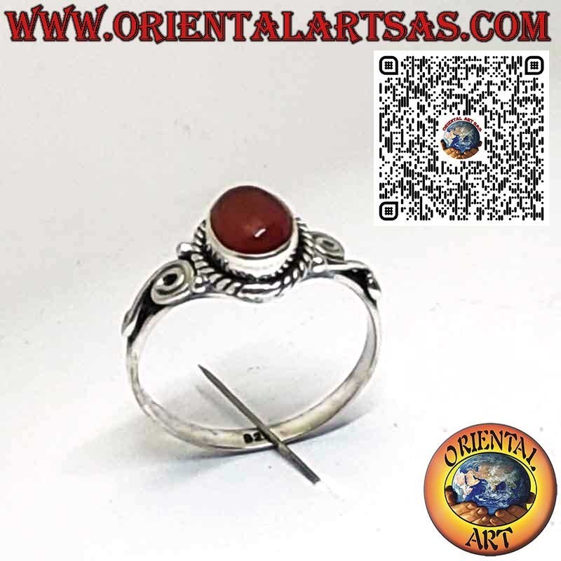 Bague en Argent 925 avec Cornaline Naturelle Ovale et Décorations en Spirale sur les Côtés