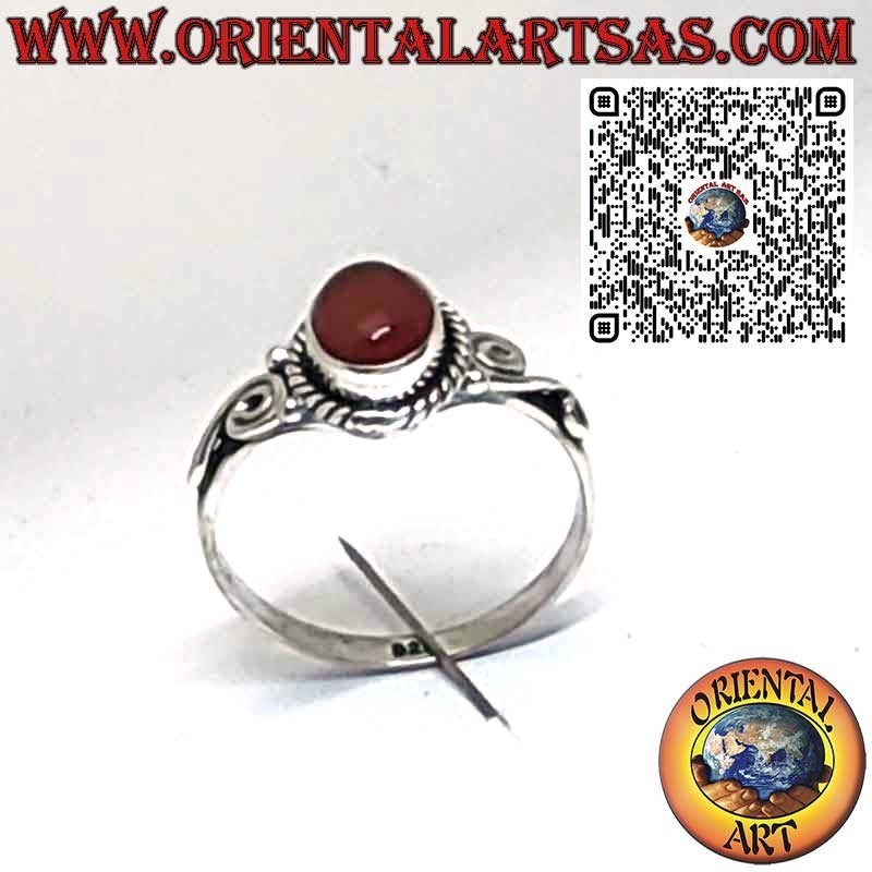 Sterling Silver 925 Ring with Natural Oval Carnelian and Spiral Side Decorations