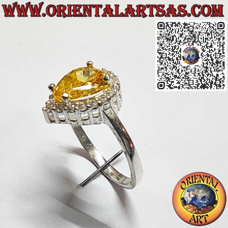 Bague en Argent 925 avec Quartz Citrine en Goutte et Entourée de Zircons