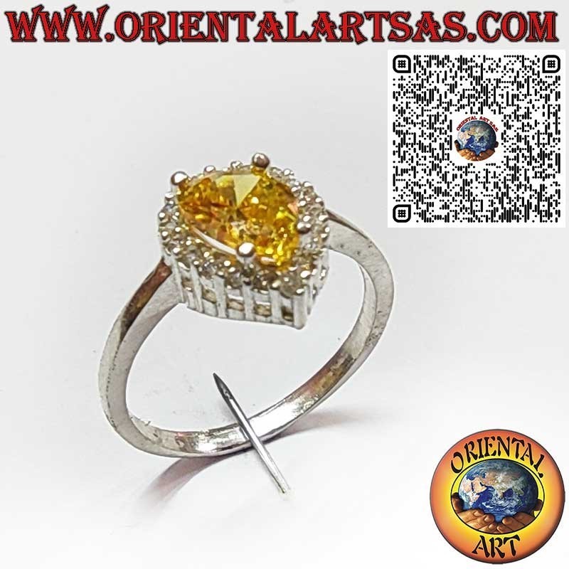 Bague en Argent 925 avec Quartz Citrine en Goutte et Entourée de Zircons