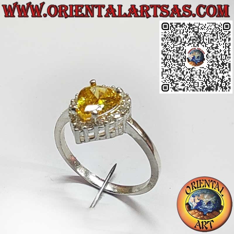 Bague en Argent 925 avec Quartz Citrine en Goutte et Entourée de Zircons