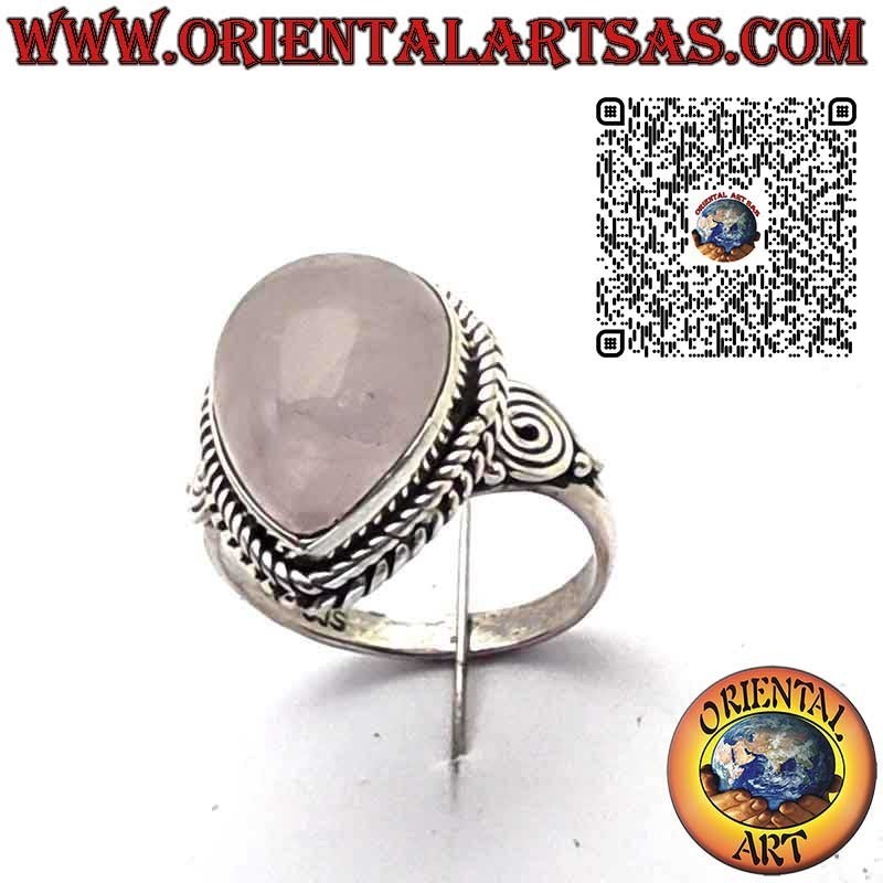 Anillo de Plata 925 con Cuarzo Rosa Natural en Gota, Trenza y Espirales Laterales