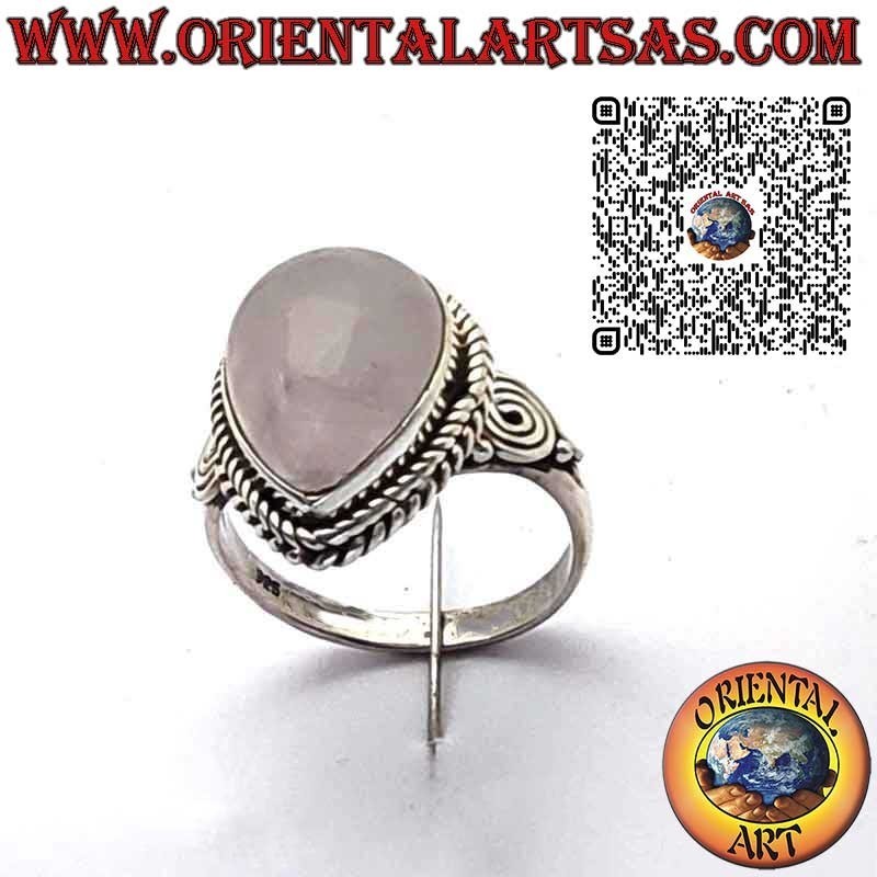 Anello in Argento 925 con Quarzo Rosa Naturale a Goccia, Treccia e Spirali Laterali
