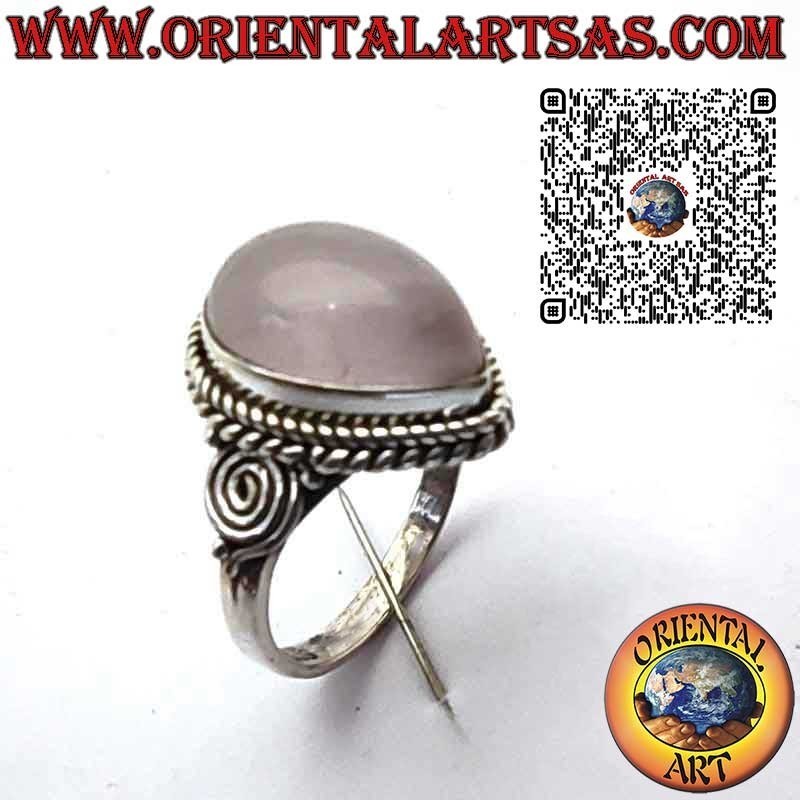 925 Sterling Silver Ring with Natural Rose Quartz Drop, Braided Frame and Side Spirals