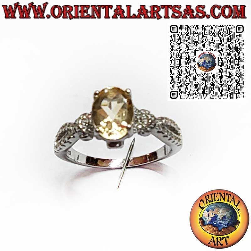 Bague en Argent 925 avec Topaze Jaune Ovale et Zircons Latéraux